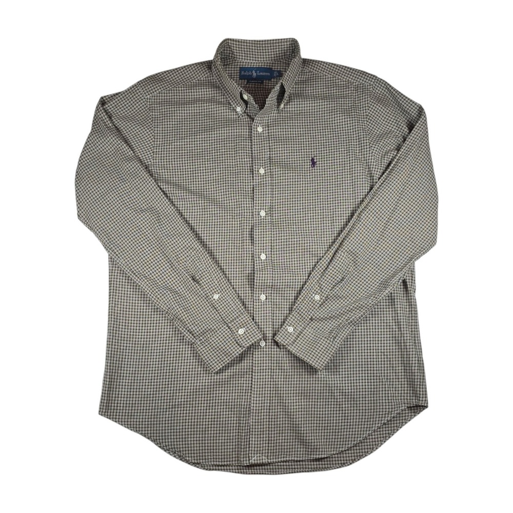 Ralph Lauren Green Check Purple Pony 100% Cotton L/S Button Down Shirt Men's L